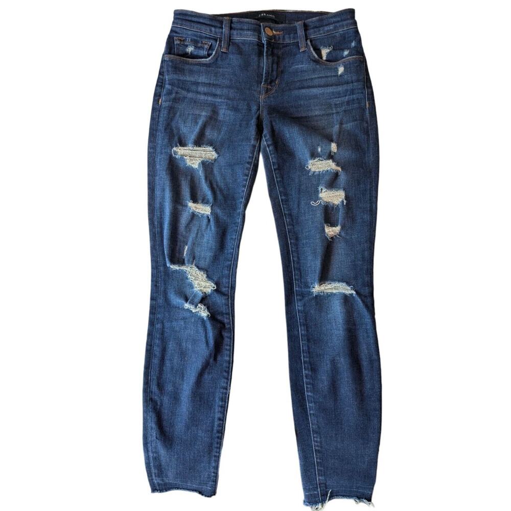 J Brand Cropped Skinny Leg Jeans in Demented Trouble Destroyed Blue Indigo Sz 26